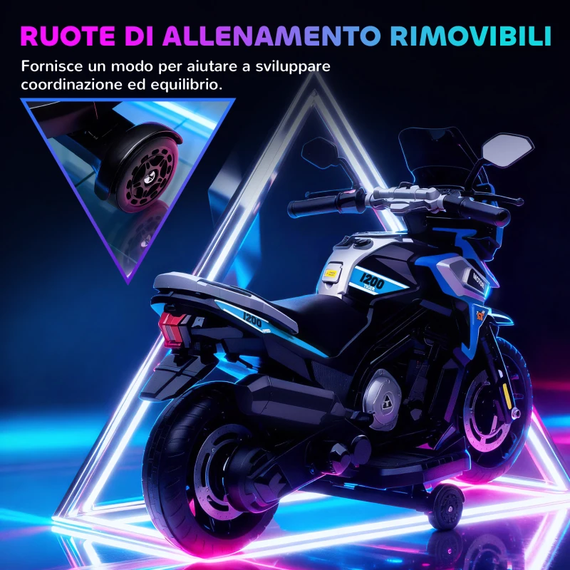 AIYAPLAY Moto Elettrica per Bambini con Rotelle, Specchietti e Poggiapiedi, in PP e Metallo, 85.5x44.5x56 cm, Blu