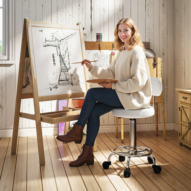 HOMCOM Banco Giratório com Rodas e Encosto Banco de Trabalho com Altura Ajustável Banco Estofado em Couro Sintético 32x40x70x70-86 cm Branco