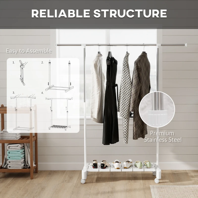 HOMCOM Uscător Vertical Extensibil cu Roți și Raft pentru Încălțăminte Alb