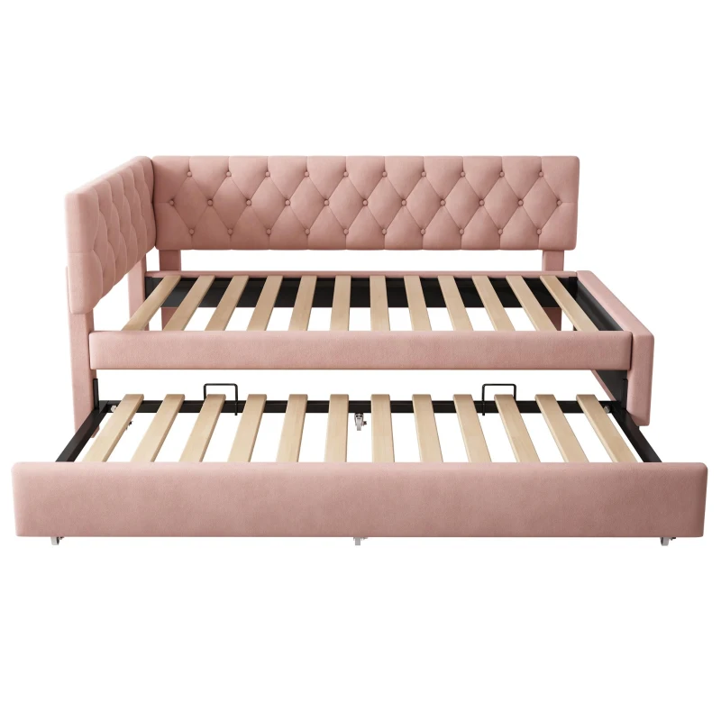 Upholstered Daybed with Pull-Out Trundle and Slatted Base, Space-Saving Velvet Single Sofa Bed for Adults and Kids, 202L x 105W x 83H cm, Pink