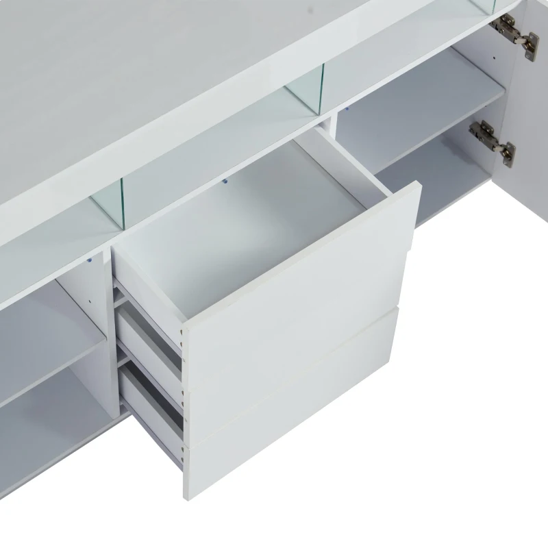 High-gloss Storage Cabinet with App-Controlled LED Lighting, Locker with Adjustable Shelves and Soft-close Drawers, 140L x 35W x 80H cm, White