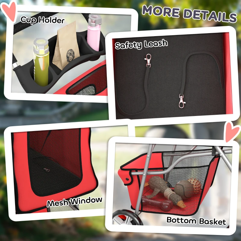 PawHut Dog Pram, Pet Stroller with Reflective Strips, Foldable Cat Stroller with 360° Swivel Wheels, Red