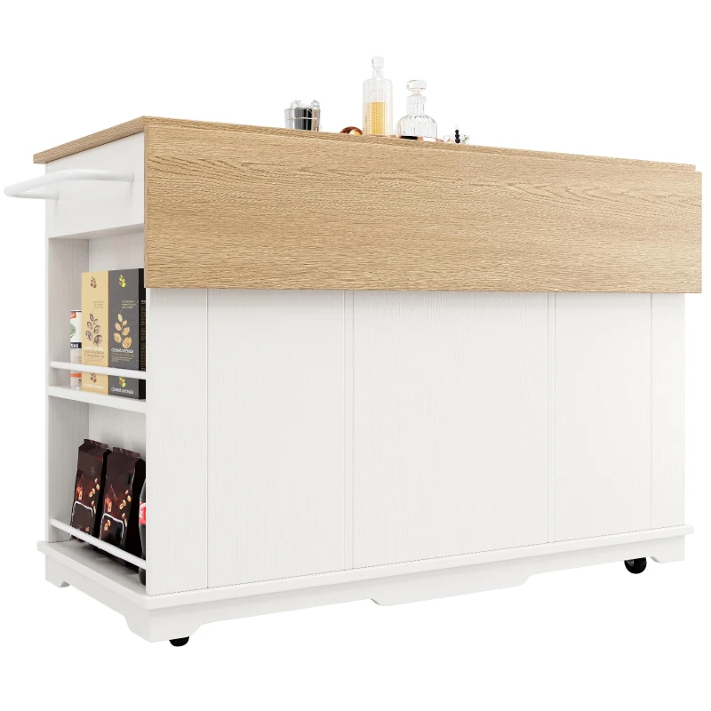 Modern Kitchen Island and Serving Trolley with MDF Worktop, Extendable Fold‑out Dining Table with Drawer, 151.5L x 60W x 91.5H cm, White