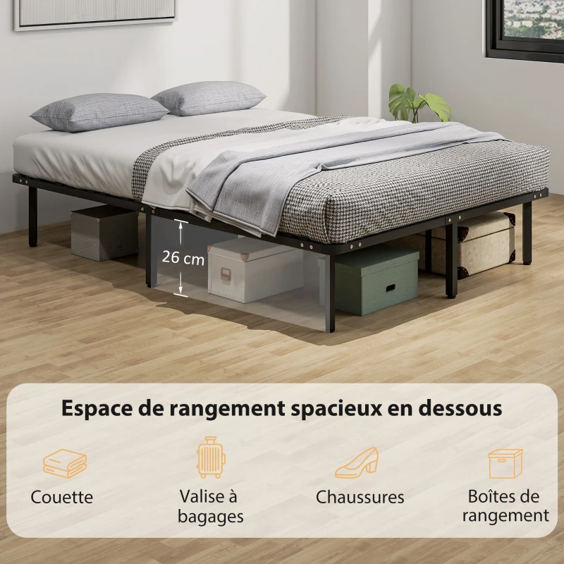 HOMCOM Cadre de lit 140 x 190 cm, lit 2 personnes avec sommier à lattes en bois massif et pied, avec rangement au-dessous, noir
