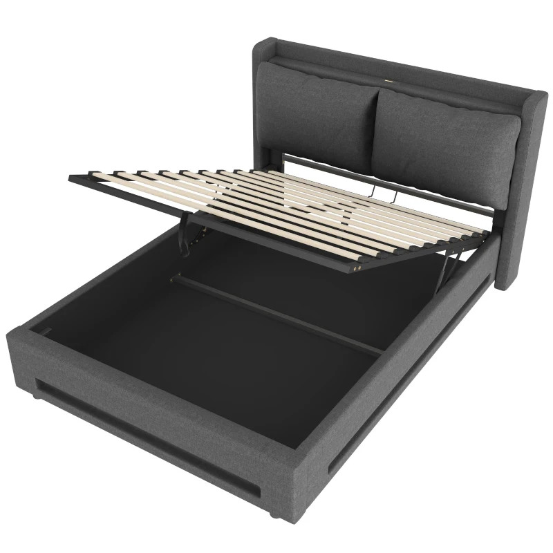 Modern Upholstered Bed with Dual USB‑C Ports and LED Lighting, Bed Frame with Hydraulic Lift Storage, 152.5L x 210W x 114H cm, Dark Gray
