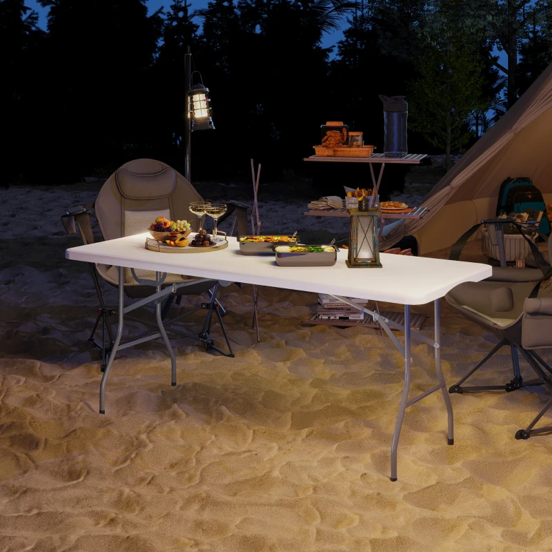 Outsunny Table pliante en HDPE table de camping pliante extérieur avec poignée couvre-pieds antidérapants 180 x 74 x 74 cm, blanc