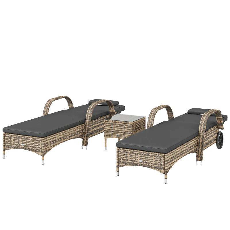Outsunny Set of 2 sun loungers: mattress, headrest, adjustable recline, wheels + tempered glass coffee table dark gray