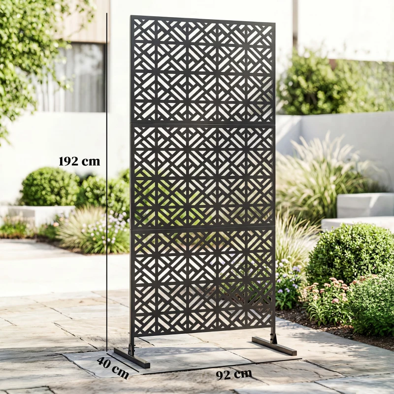 Outsunny Panou despărțitor decorativ pentru intimitate exterior Claustra decorativă pentru grădină 3 panouri cu model geometric Oțel 92x40x192cm Negru