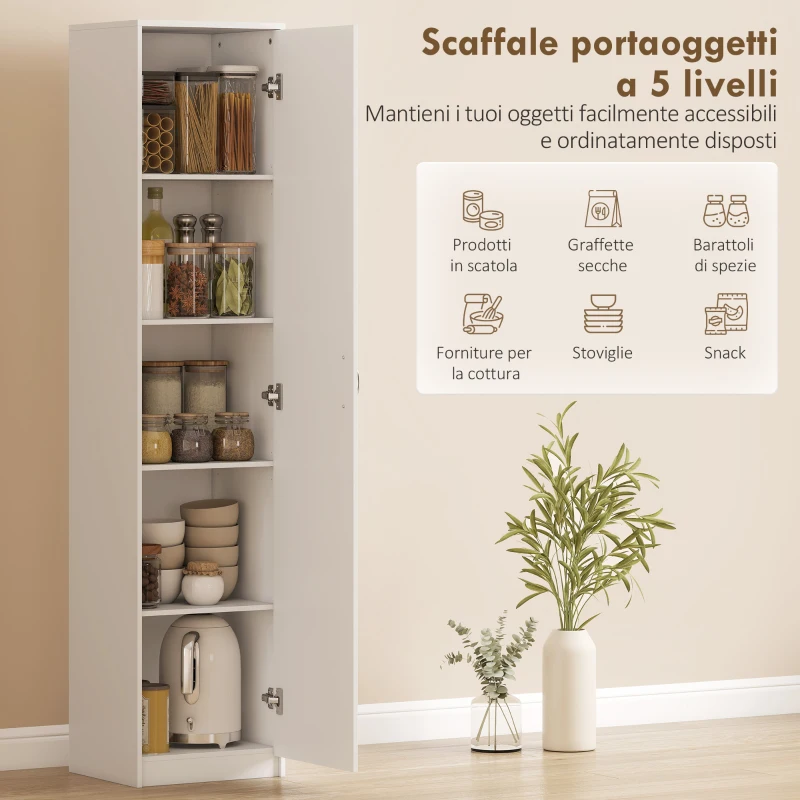 HOMCOM Armadio da Cucina Slim a 5 Ripiani con Spazio Interno Regolabile, in Legno, 40x35x180 cm, Bianco