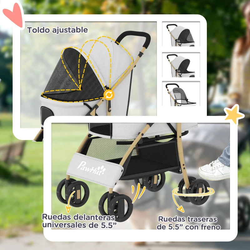 PawHut Carrito para Mascotas con 2 Puertas Ventana de Malla Cesta de Almacenamiento Cuerda de Seguridad 80x44,5x97 cm Gris Claro
