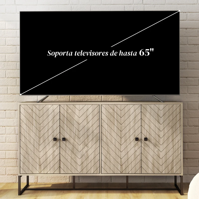 HOMCOM Aparador de Salón con 4 Puertas con Diseño Chevron Estantes Ajustables Patas de Acero 140,5x40x81,5 cm Roble