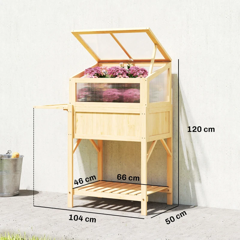 Outsunny Pat înălțat cu capotă pentru mini-seră din lemn jardinieră cu seră pliabilă masă laterală raft lemn natural
