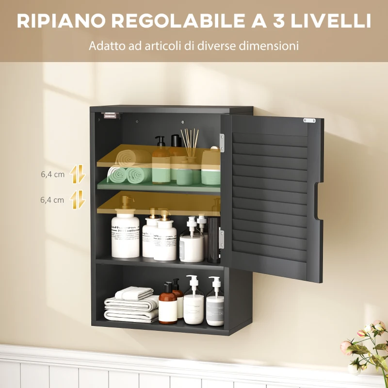 HOMCOM Armadietto Bagno a Parete con Ripiano Regolabile e Anta Ammortizzata, 40x20x60 cm, Nero