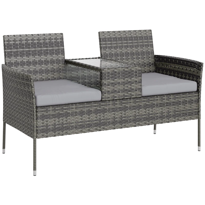 Outsunny Banco de Exterior 2 Plazas con Mesa de Café, en Acero y Ratán PE, 137x59x82 cm, Gris