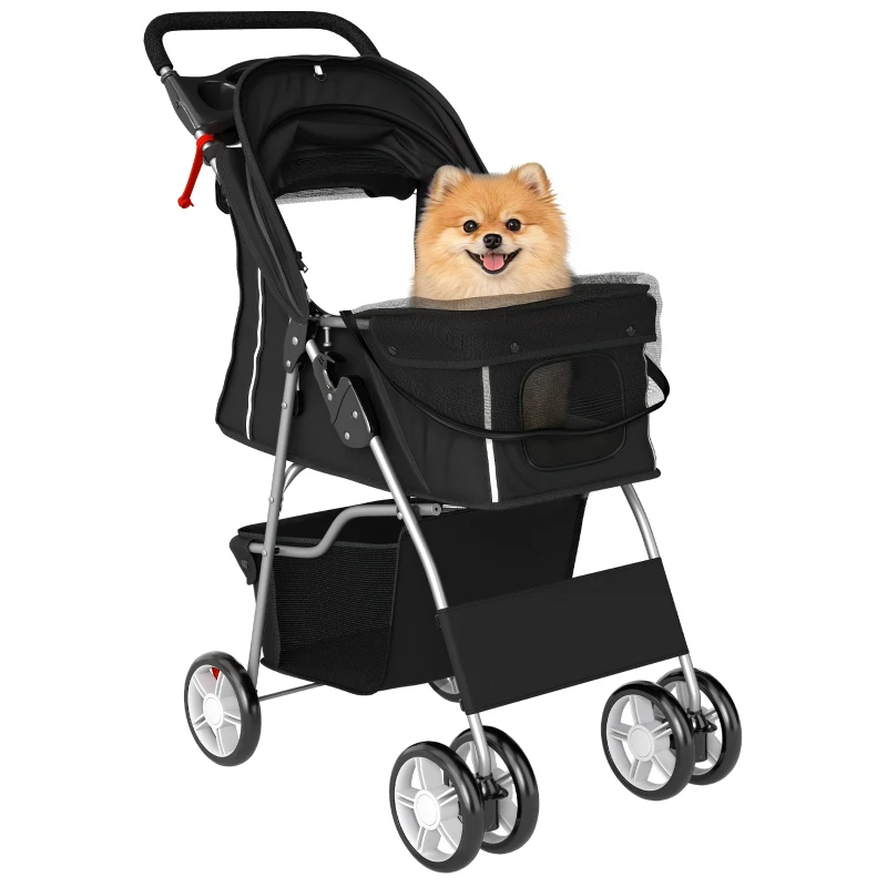 PawHut Cărucior pliabil pentru câini Cărucior cu benzi reflectorizante Coș depozitare Pernă pentru câini mici până la 10 kg 77x44x102 cm Negru