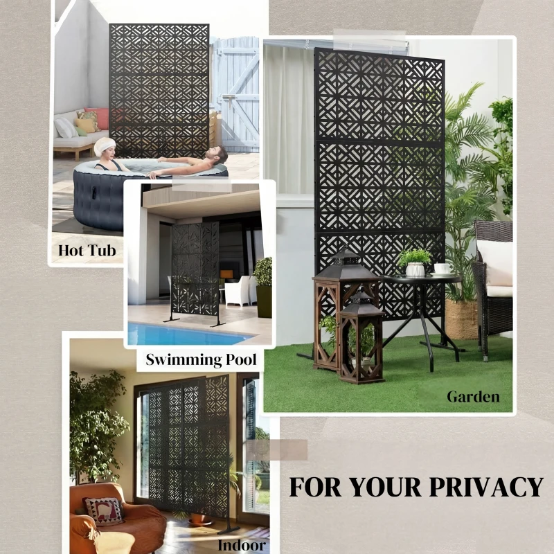Outsunny Panel divisor de privacidad decorativo exterior Claustra decorativo jardín 3 paneles con motivo geométrico Acero 92x40x192cm Negro