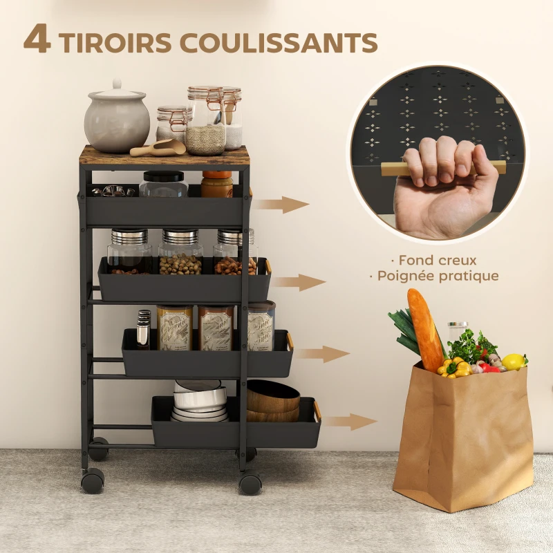 HOMCOM Desserte cuisine, chariot de rangement à roulettes 5 niveaux avec 4 tiroirs coulissants, étagère de rangement, noir