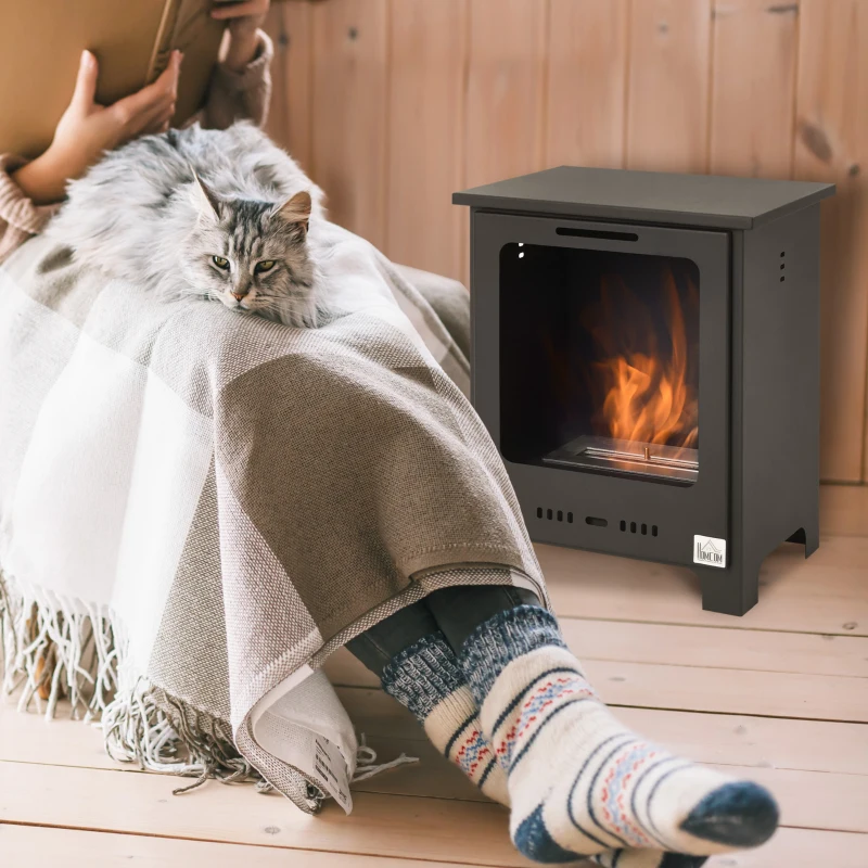 HOMCOM Cheminée bioéthanol sur Pieds brûleur 0,9 L, 3h de durée de combustion Style néo-rétro poêle dim. 40L x 30l x 50H cm Couverture 20-25 m² Noir
