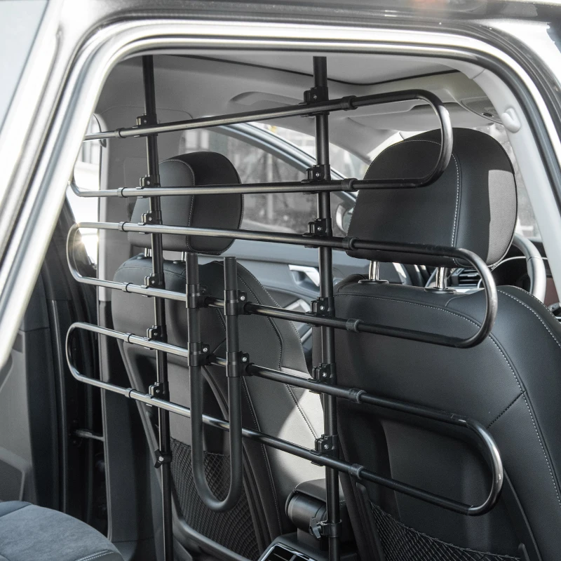 PawHut Grille de séparation voiture pour chien réglable, largeur : 87-135 cm, hauteur : 85-120 cm, barrière de sécurité universelle en acier, pour coffre de voiture pour chien, noir