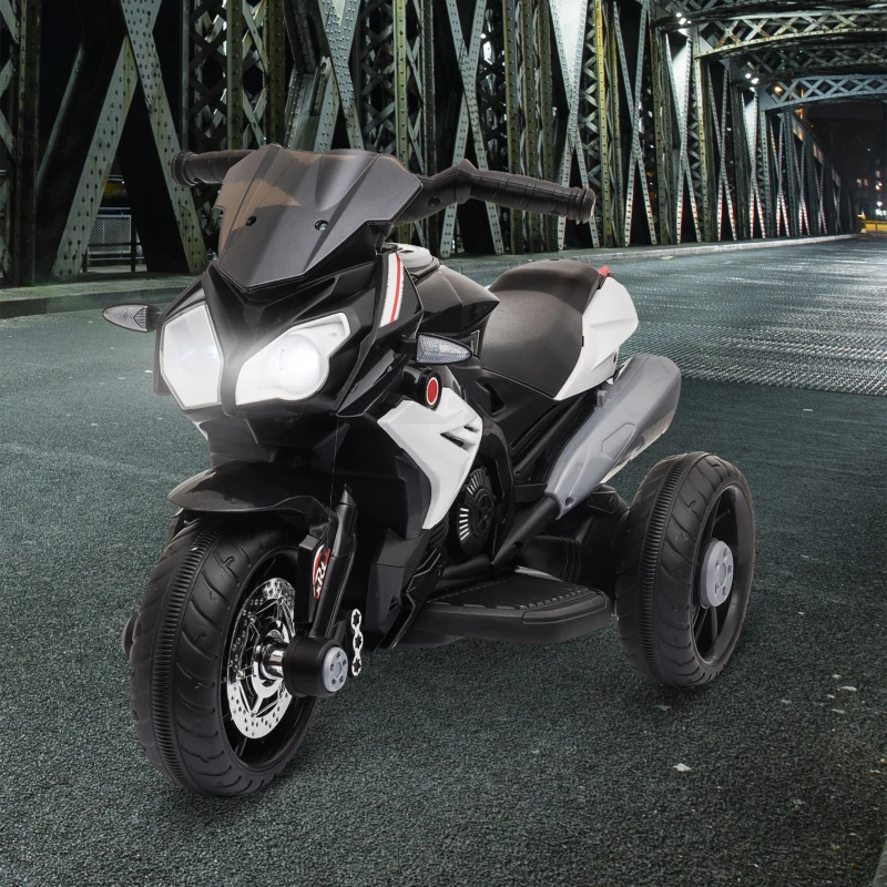 HOMCOM Moto électrique enfants 3 roues 6 V, voiture électrique enfants avec effets lumineux et sonores, vitesse max. 3 km/h, pour 3 à 5 ans, charge max. 25 kg, noir et blanc(m-10)