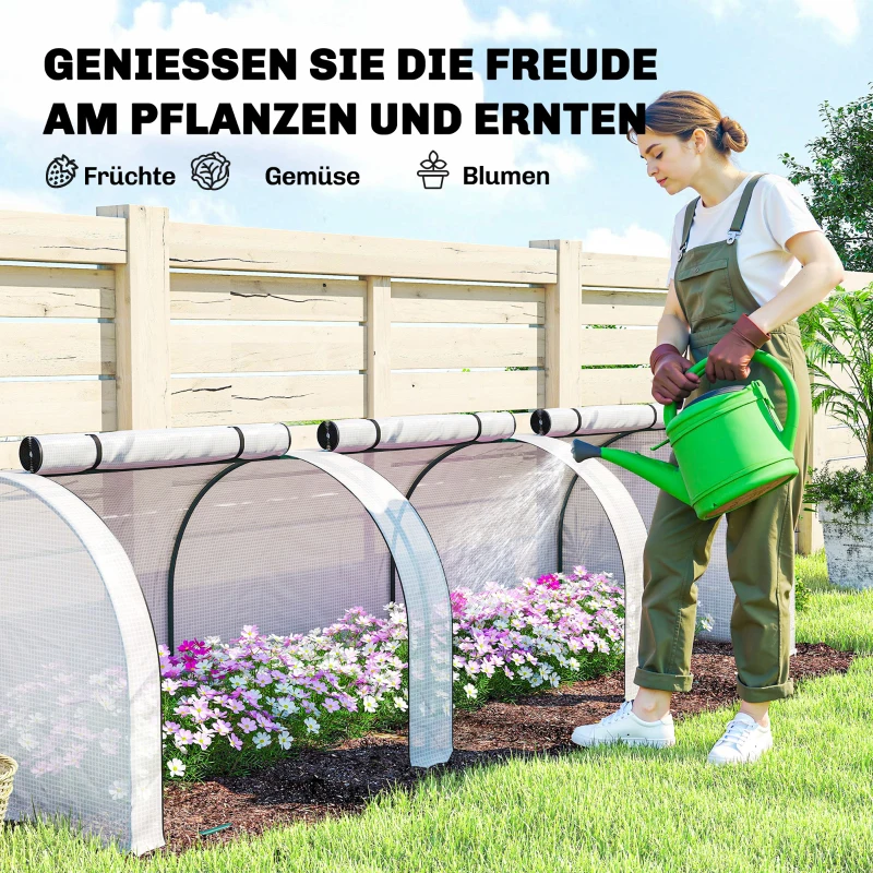 Outsunny Tunnelvormige kas, 3 ramen met ritssluiting, stalen frame, robuuste hoes, 295 x 100 x 80 cm, Wit