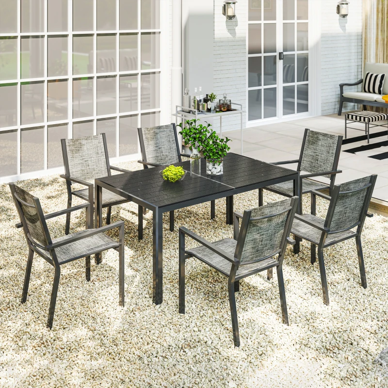 Outsunny Table de jardin extérieure avec 6 chaises empilables, plateau à lattes 150 cm, structure en acier anti-rouille, noir