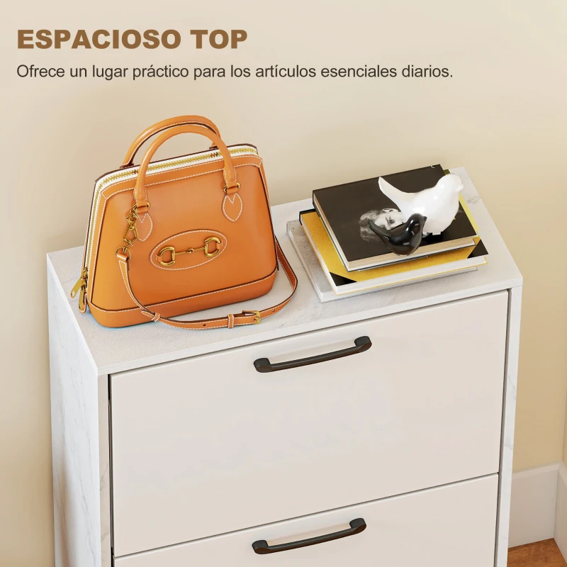 HOMCOM Zapatero Estrecho 2 Puertas de Alto Brillo Estantes Ajustables Diseño Mármol para 8 Pares de Zapatos 60x24x80 cm Blanco