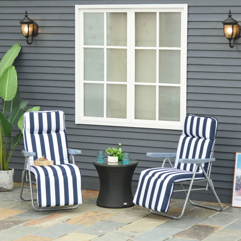 Outsunny Lot de 2 Chaise Longue Bain de Soleil Adjustable Pliable avec coussin transat lit de Jardin en Acier Bleu + Blanc