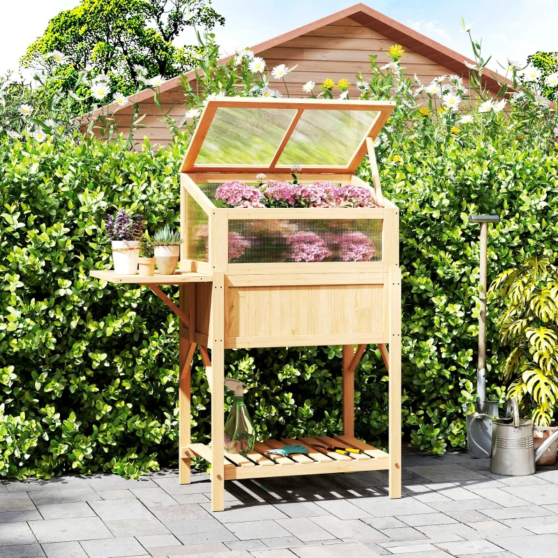 Outsunny Pat înălțat cu capotă pentru mini-seră din lemn jardinieră cu seră pliabilă masă laterală raft lemn natural