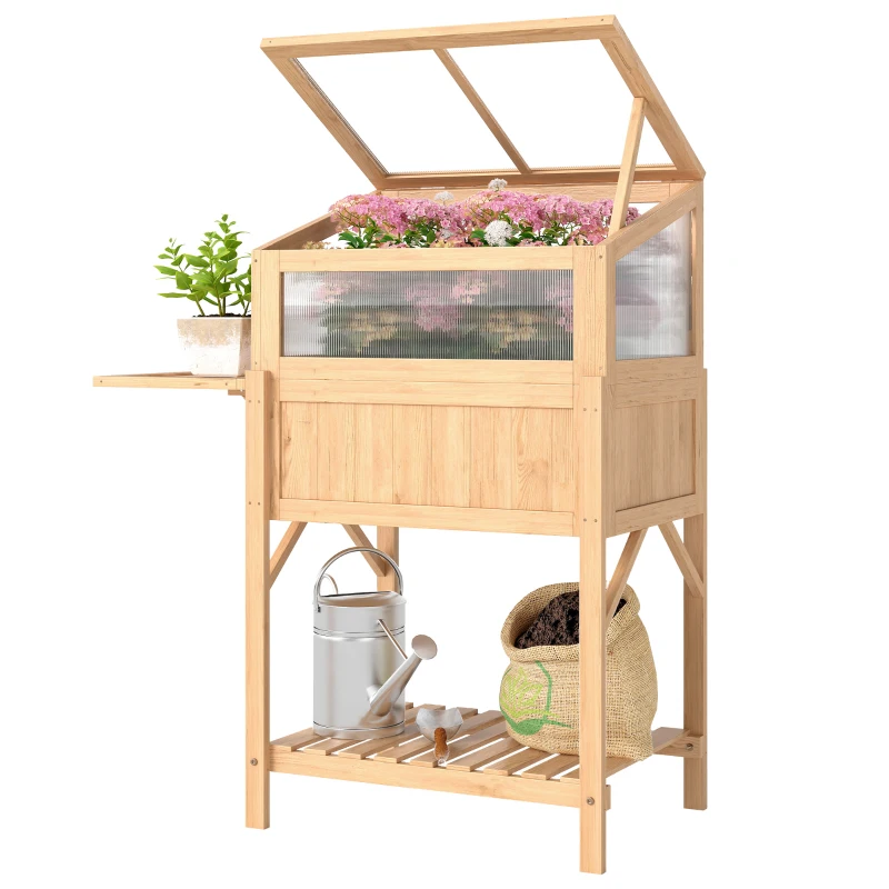 Outsunny Pat înălțat cu capotă pentru mini-seră din lemn jardinieră cu seră pliabilă masă laterală raft lemn natural
