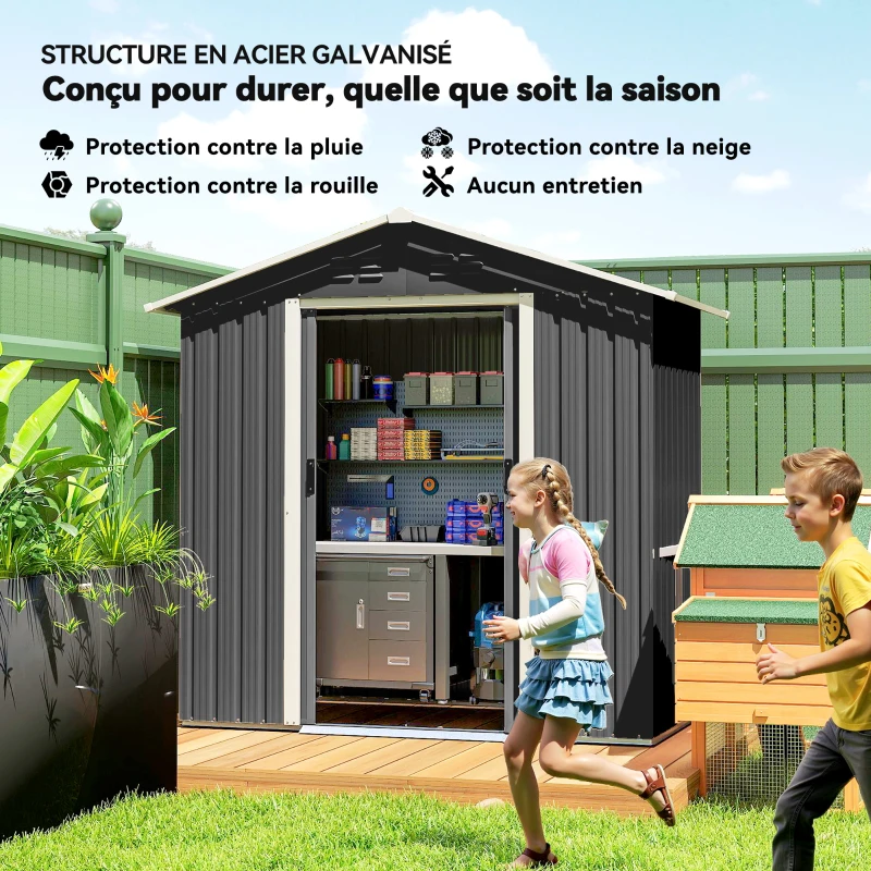 Outsunny Abri de jardin en métal grand espace de rangement extérieur avec portes coulissantes 194 x 107 x 191 cm gris foncé