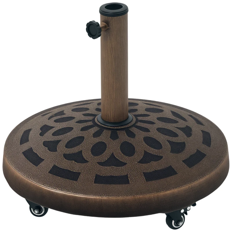 Outsunny 21kg Resin Garden Parasol Base with Wheels, Round Umbrella Stand, Heavy Duty Sun Umbrella Base for 32, 38, 48 mm Umbrella Poles for Deck Poolside, Bronze Tone