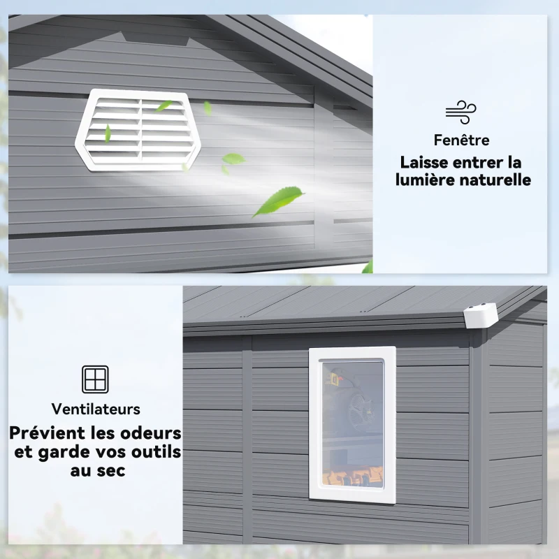 Outsunny Abri de jardin en résine 4,56 m² avec kit de fondation galvanisé structure en aluminium 240 x 190 x 228 cm gris foncé(m-6)