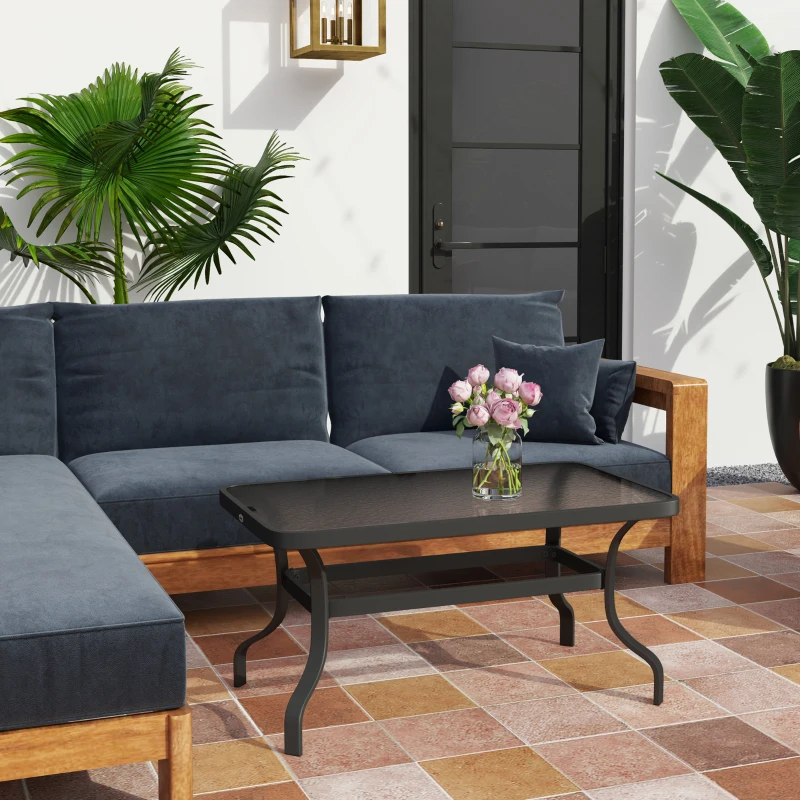 Outsunny Table basse de jardin table d'appoint de patio avec plateau en verre trempé design à ondulations 95 x 55 x 46 cm noir