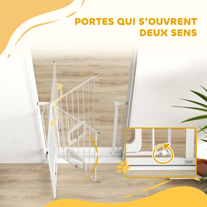 PawHut Barrière de sécurité chien extensible 75-85 cm, barrière d'escalier double verrouillage, hauteur 76 cm, blanc