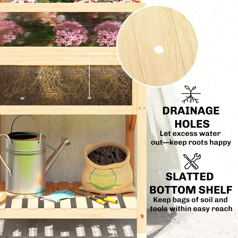 Outsunny Pat înălțat cu capotă pentru mini-seră din lemn jardinieră cu seră pliabilă masă laterală raft lemn natural