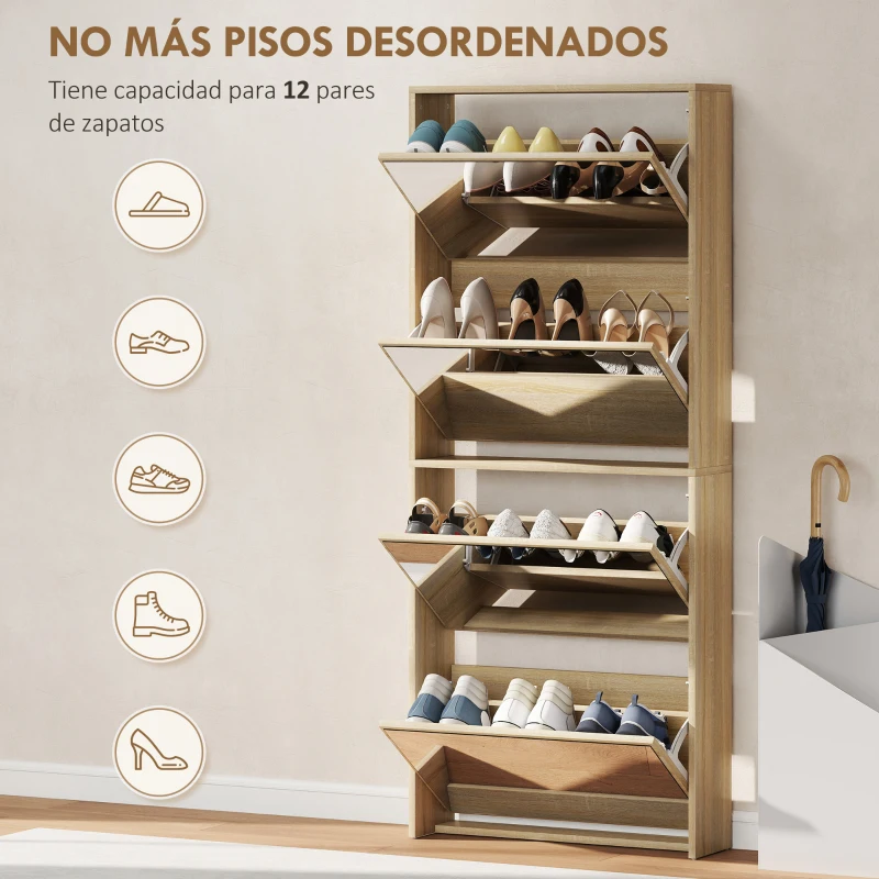 HOMCOM Zapatero Estrecho con Espejo y 4 Puertas Abatibles para 12  Pares de Zapatos 63x17x146 cm Natural
