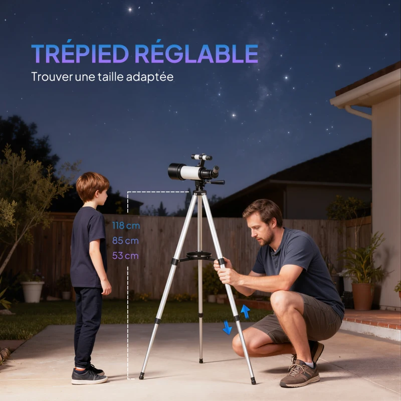 Outsunny Télescope astronomique adultes et débutants 70 mm, télescope réfracteur 40X/16X trépied réglable, 80 x 80 x 135 cm blanc