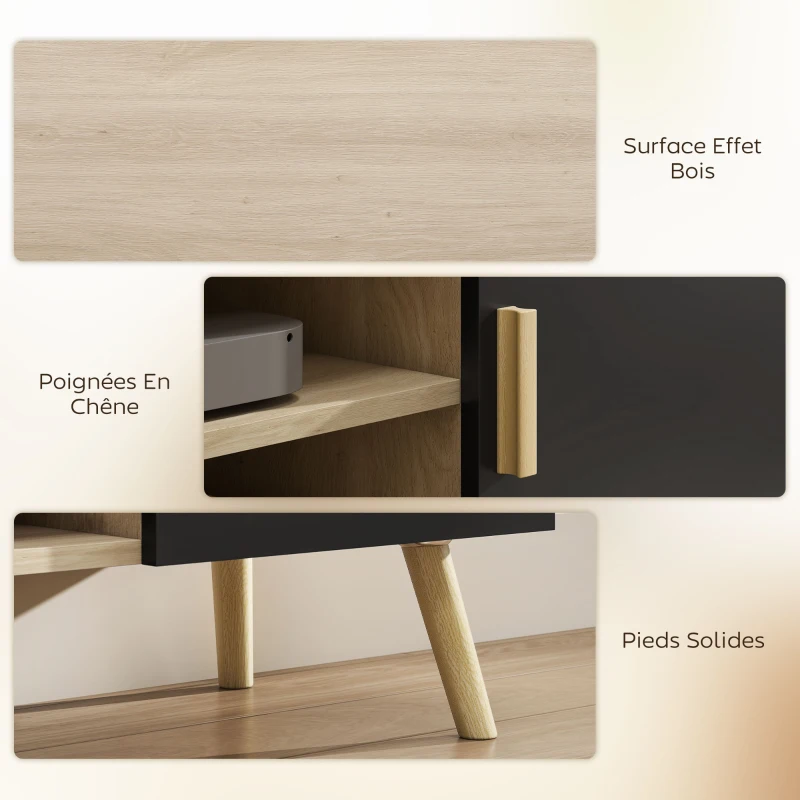 HOMCOM Meuble TV meuble télé bois banc TV jusqu'à 50 pouces avec étagères, 2 placards et passe-câbles, chêne