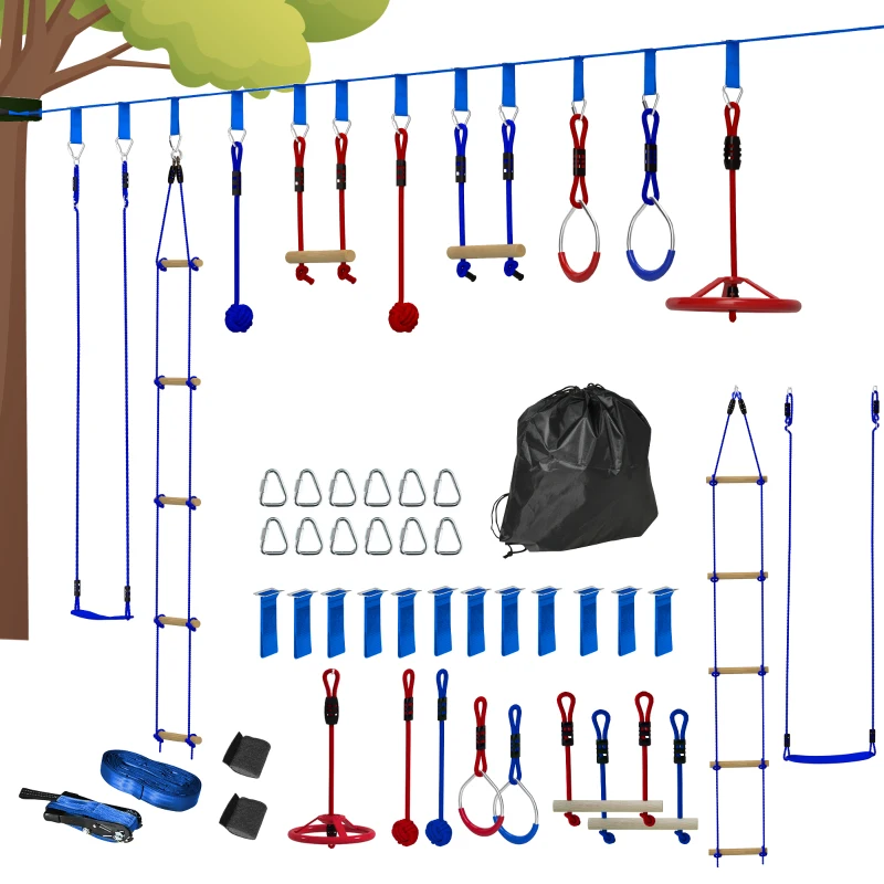AIYAPLAY Parcours d'obstacles ninja pour enfants 10 accessoires 10 m slackline et sac de transport, bleu