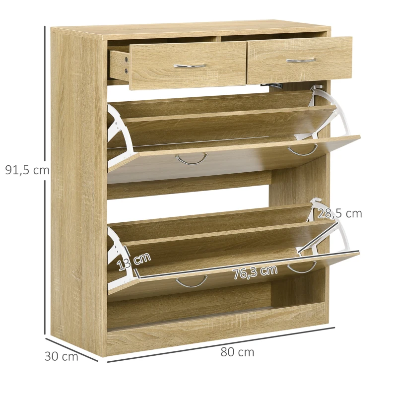 HOMCOM Meuble à chaussures 2 tiroirs et 2 portes abattantes avec étagère réglable 80 x 30 x 91,5 cm poignées alu. naturel