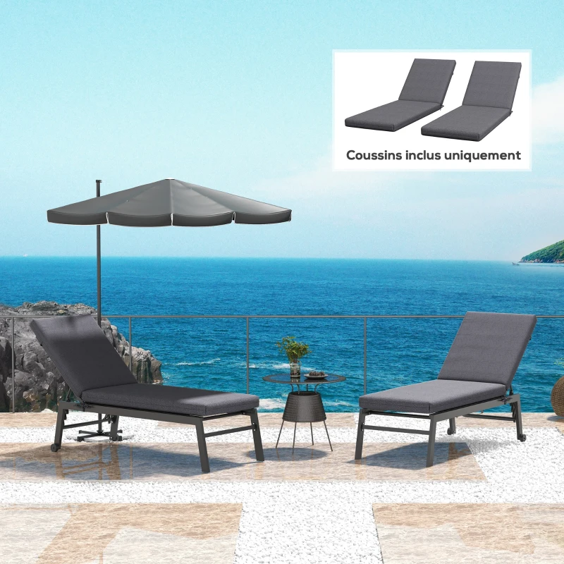 Outsunny Lot de 2 Matelas pour Chaise Longue transat Bain de Soleil avec Sangles d'attache pour Jardin Gris foncé