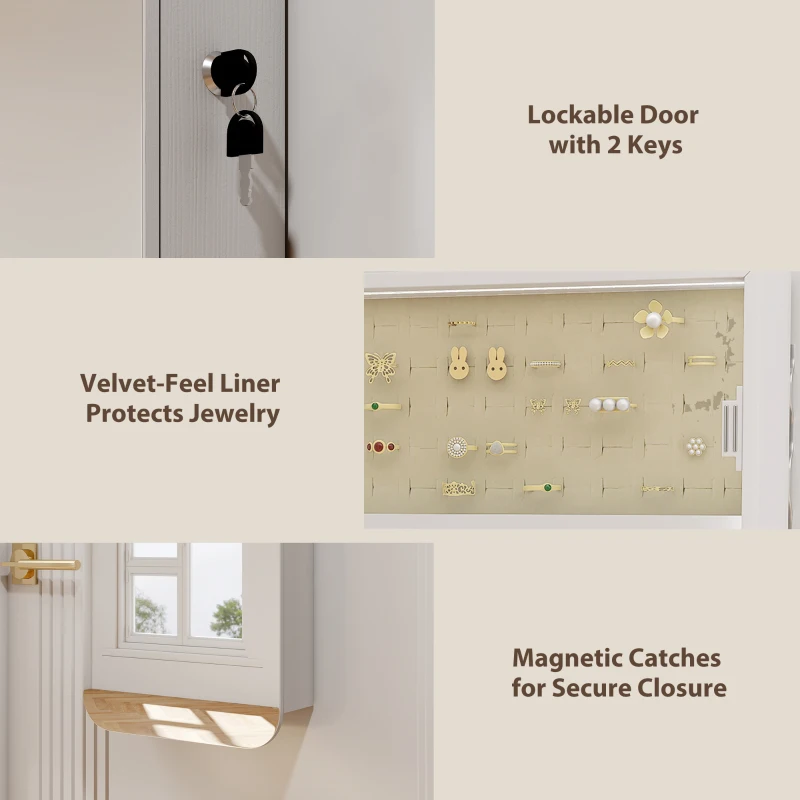 HOMCOM Schmuckspiegel mit LED-Licht, an Wand oder Tür montierbar, mit Schloss, Ganzkörperspiegel, 2 Schubladen, Weiß