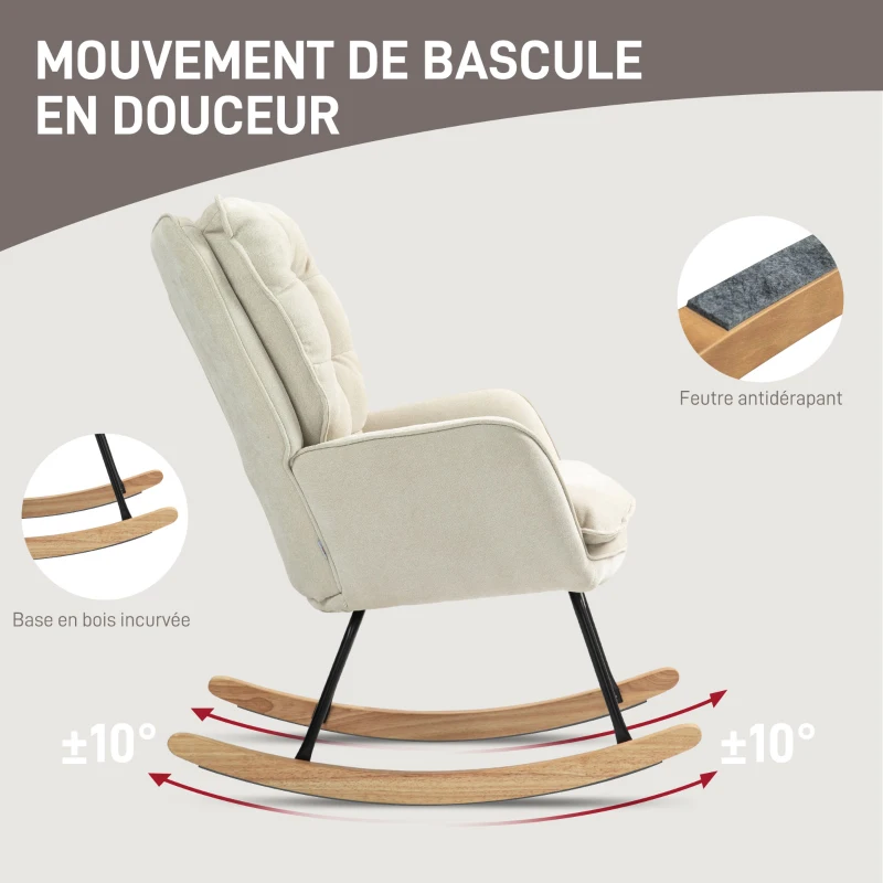 HOMCOM Fauteuil à bascule, rocking chair en chenille, dossier et assise larges rembourrés, accoudoirs, 71 x 98,5 x 97 cm, beige