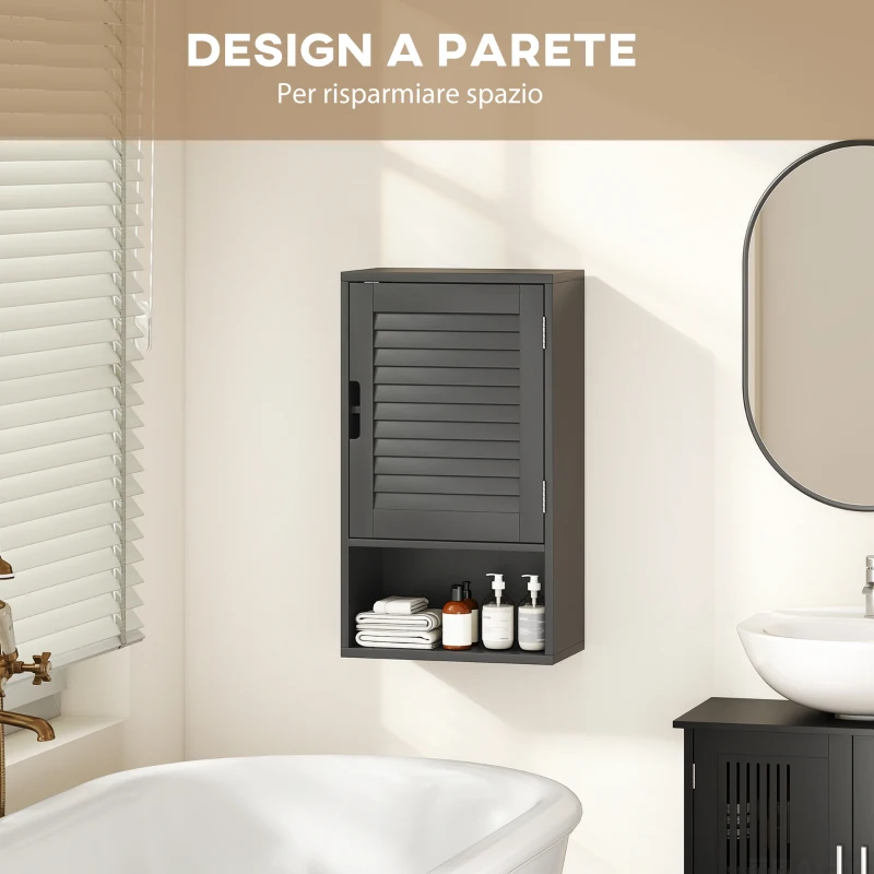 HOMCOM Armadietto Bagno a Parete con Ripiano Regolabile e Anta Ammortizzata, 40x20x60 cm, Nero