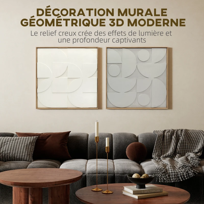 HOMCOM Lot de 2 tableaux abstraits 3D, décoration murale en bois géométrique, pour salon, chambre, bureau, 80 x 80 cm, blanc