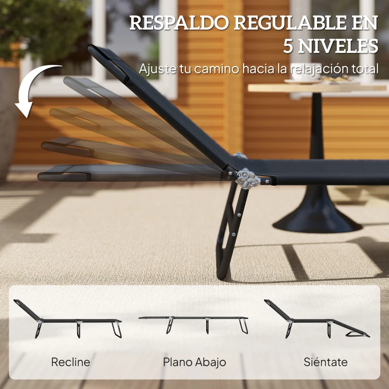 Outsunny Tumbona Plegable Reclinable con Ángulo Ajustable de 5 Posiciones para Jardín Exterior Piscina Terraza Camping Carga 120 kg 188x56x28 cm Negro