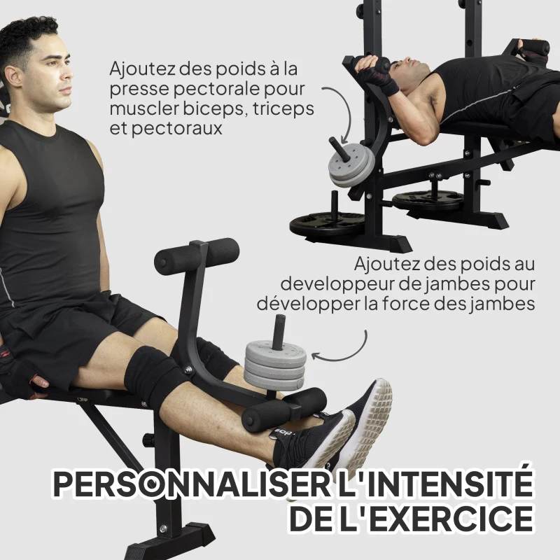 HOMCOM Banc de musculation complet multifonction avec dossier réglable, banc developper coucher à plat ou incliné 180x134x200cm