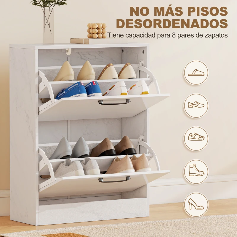 HOMCOM Zapatero Estrecho 2 Puertas de Alto Brillo Estantes Ajustables Diseño Mármol para 8 Pares de Zapatos 60x24x80 cm Blanco