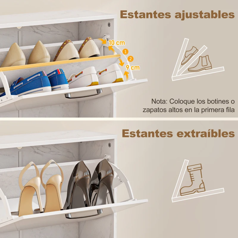 HOMCOM Zapatero Estrecho 2 Puertas de Alto Brillo Estantes Ajustables Diseño Mármol para 8 Pares de Zapatos 60x24x80 cm Blanco